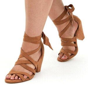 Please Read Torrid 9.5WW Strappy Cone Heel Faux‎ Suede Tan Brown 3.5" Heel Shoes